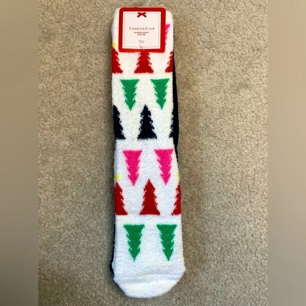 NWT 2 pair Charter Club Christmas Tree Theme‎ Socks Shoe Size 6-10
